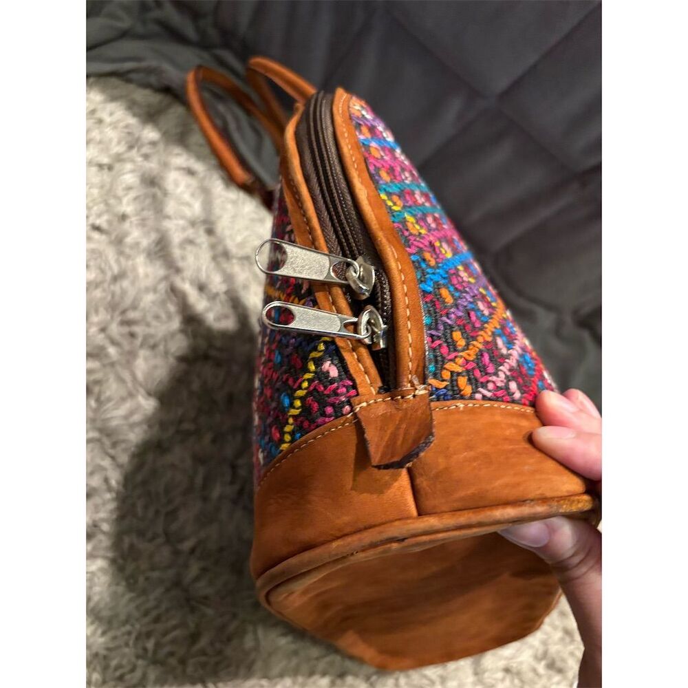 Artisan Handwoven Multicolor Brown Shoulder Bag with Suede Leather Trim - Picture 9 of 16